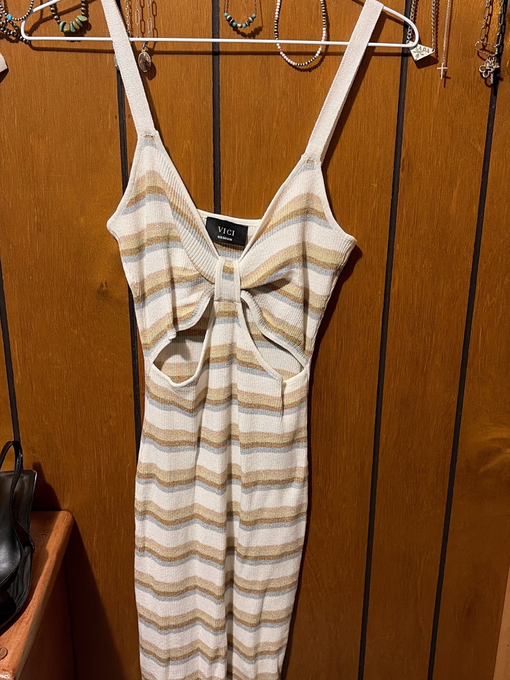 VICI Cream and Tan Striped Midi Dress with Front Bow Cutout